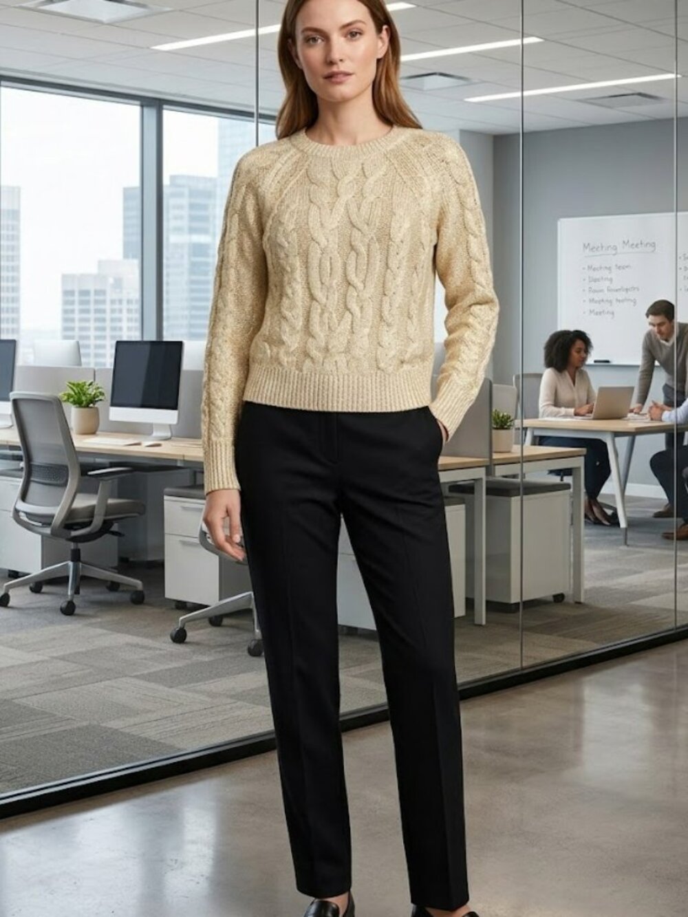 Ann Taylor LOFT Metallic Gold Wool Blend Cable Knit Crewneck Sweater